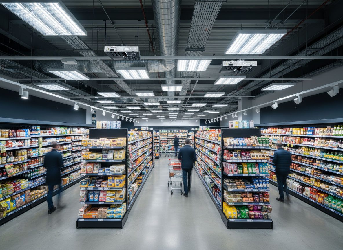 supermarché équipé de déstratificateurs Solution de déstratification pour les grands volumes comme les supermarchés et entrepôts